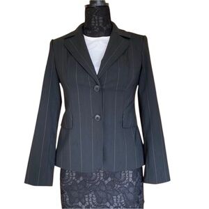 Loft black wool pinstripe tailored single breast tailored hourglass blazer 2